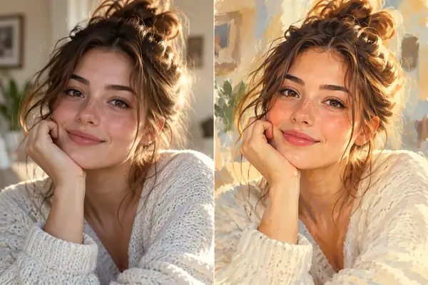 Illustrative side-by-side portrait styling concept, not a verified before-and-after result.