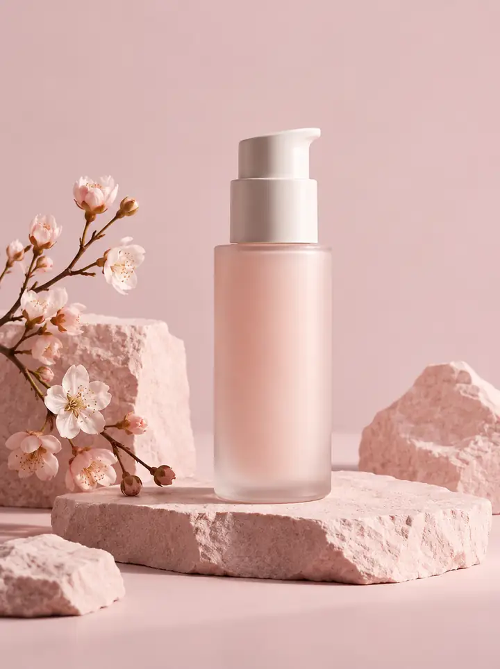 Illustration of a skincare bottle on a studio set.