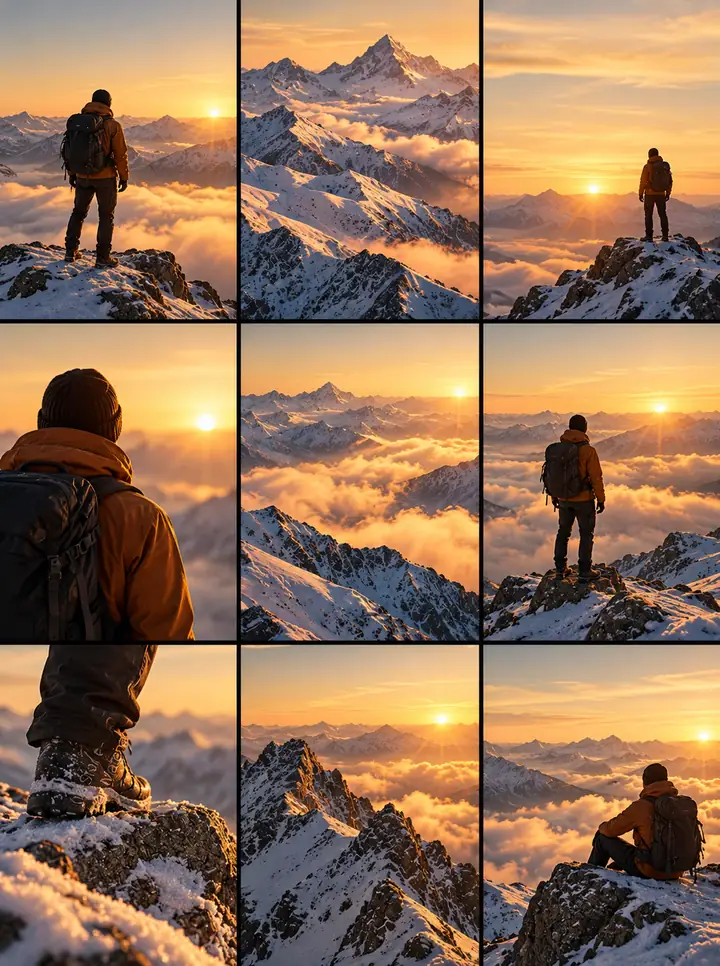 Illustration of a traveller above snowy mountains at golden sunrise.