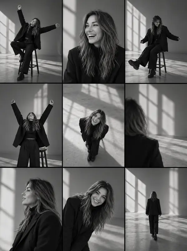Black-and-white studio fashion photograph.