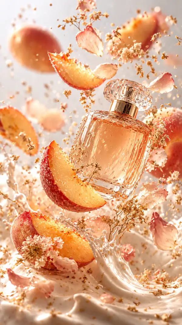 Peach-toned perfume product still life with dried flowers.