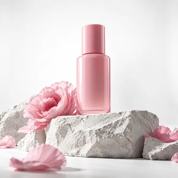 Pink cosmetic bottle on a soft studio set.