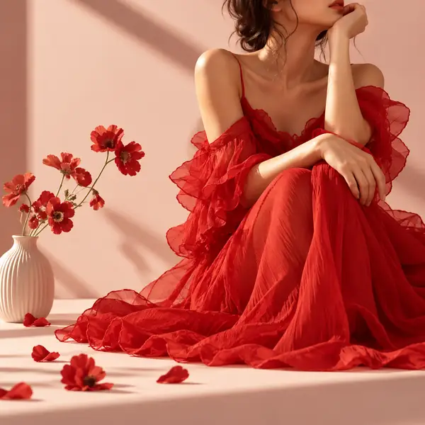 Playful red fashion editorial portrait.