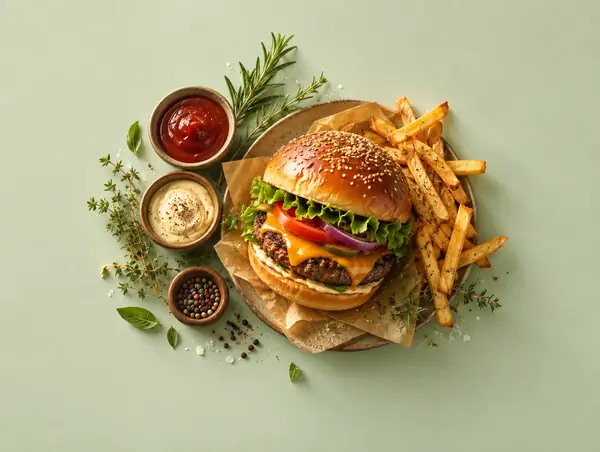 Restaurant advertising image with a warmly lit burger.